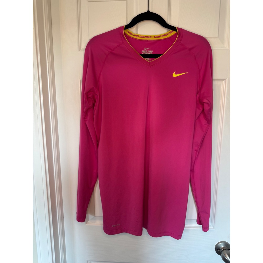 Nike Pro Combat Dri-FIT Womens XL Pink Long Sleeve Training Shirt V-Neck Fitted